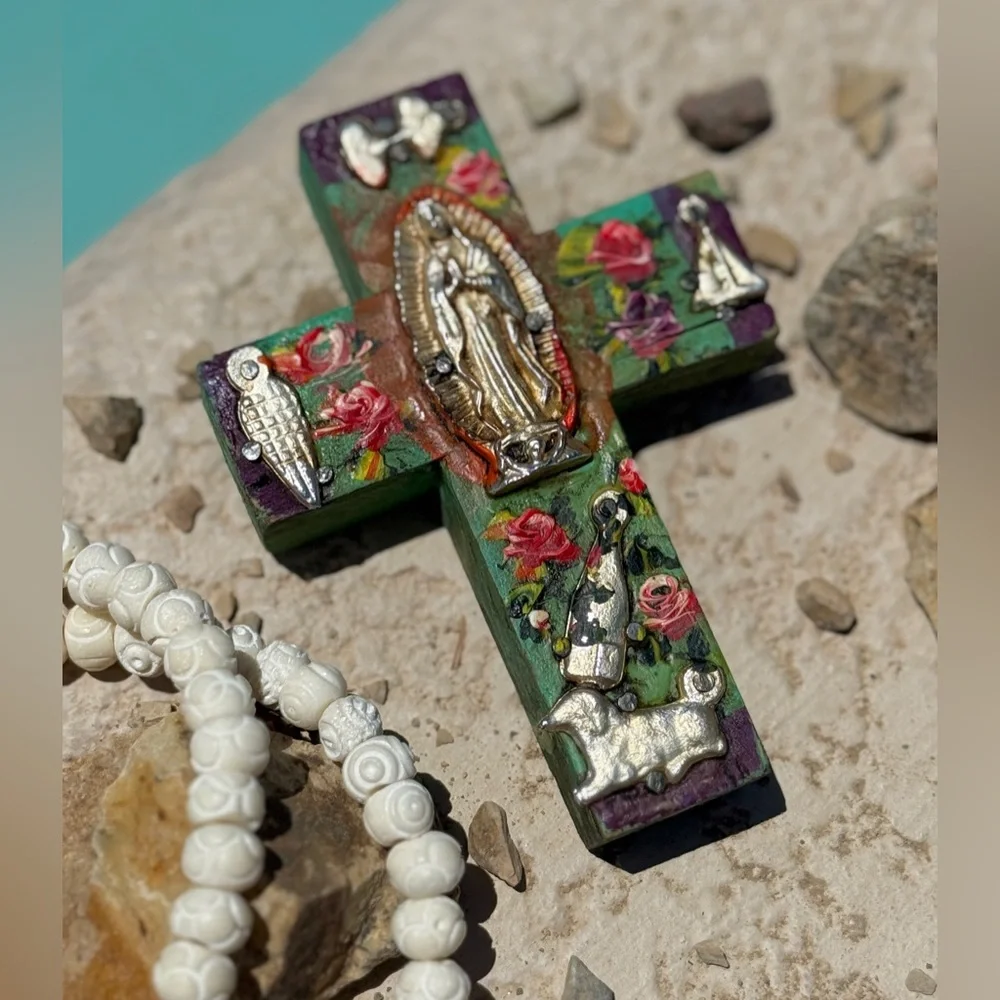 Milagros Silver Metal Charm Spanish Folk Art Painted Wood Cross-Turquoise Blue